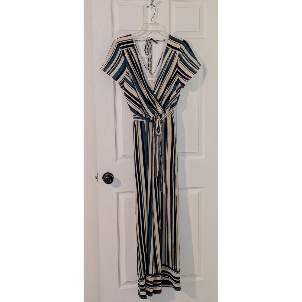 Bailey Blue‎ Striped Surplice Jumpsuit Tie Waist Comfy Casual Career Size L NWT